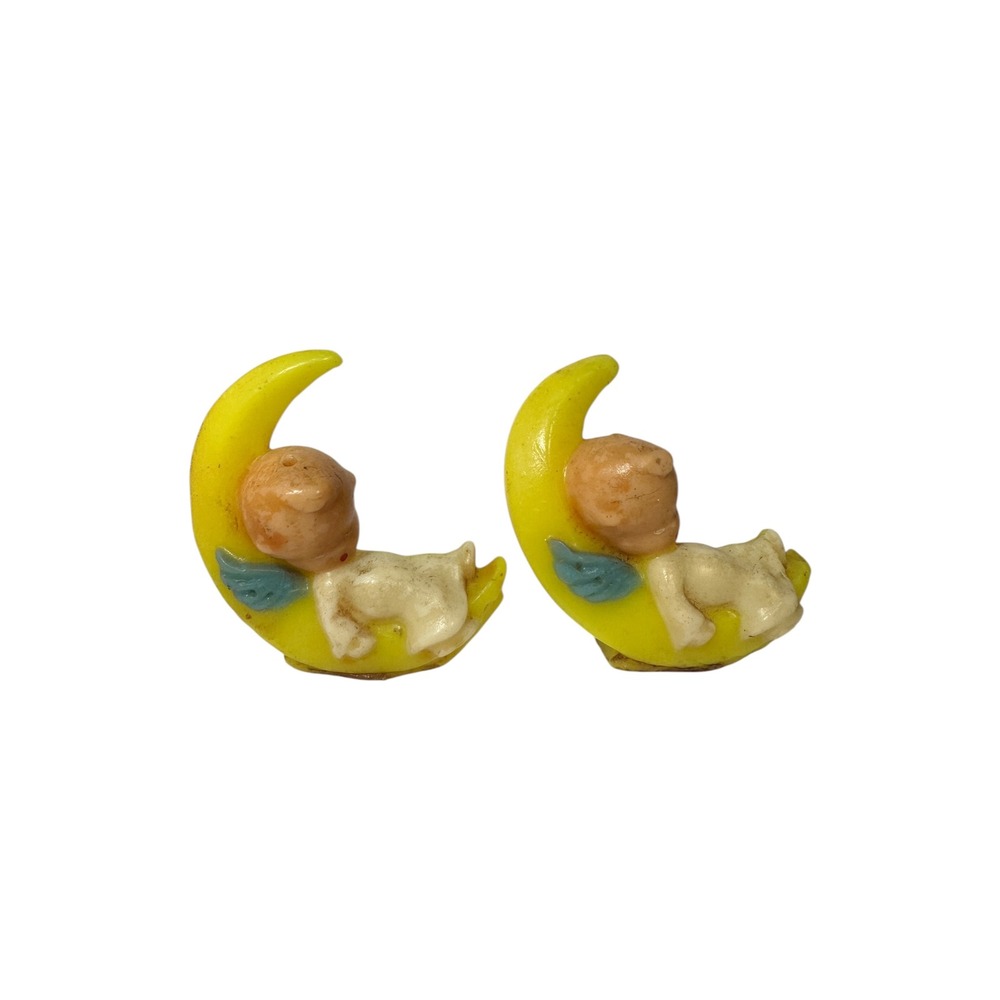 Vintage Gurley Baby Angel on Crescent Moon Candles Pair – 1950s Decor